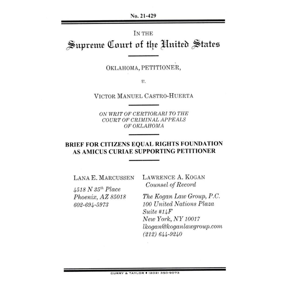 Oklahoma vs. Victor Castro-Huerta Amicus Brief for Mille Lacs Equal Rights Foundation